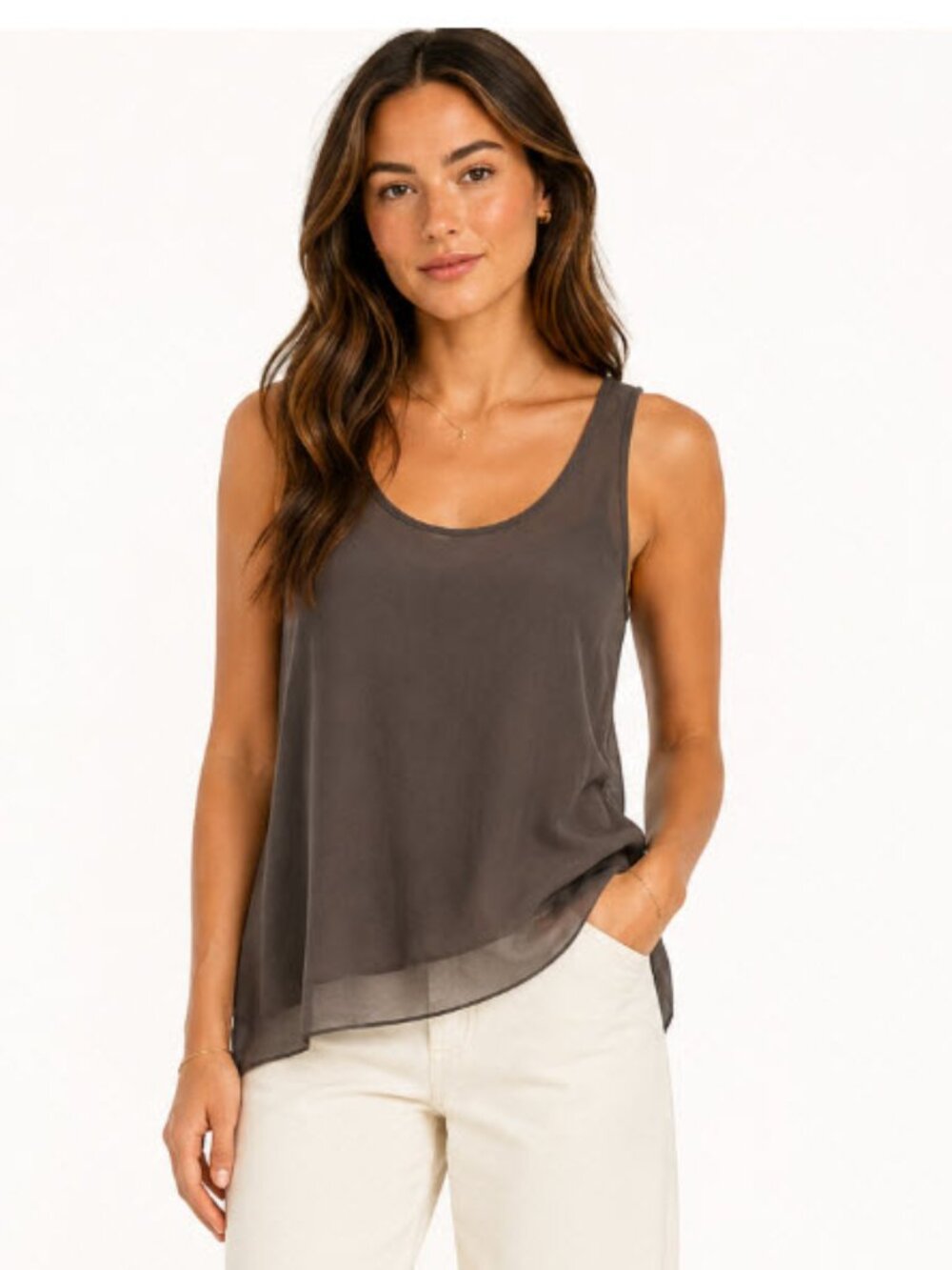 Theory Silk Chiffon Double Layer Camisole Tank Oversized Grey Size Small